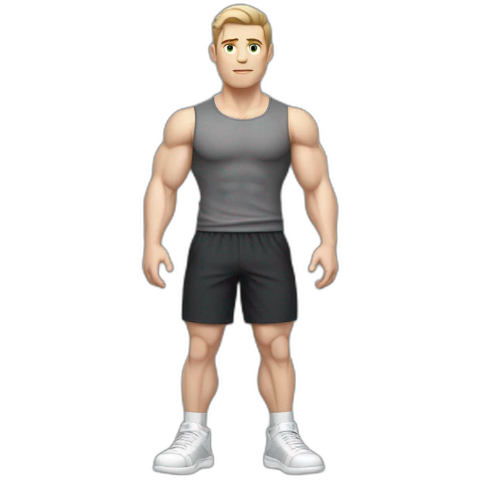 Pale skinned Fit Man With the biceps and dark brown hair in black shirt, gray sports shorts and white Sneakers emoji