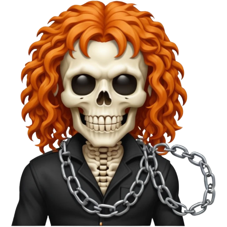 cinematic realistic steam-punk Megadeth iconic skeleton mascot with a rusty chain in his teeth, huge curly orange hair emoji