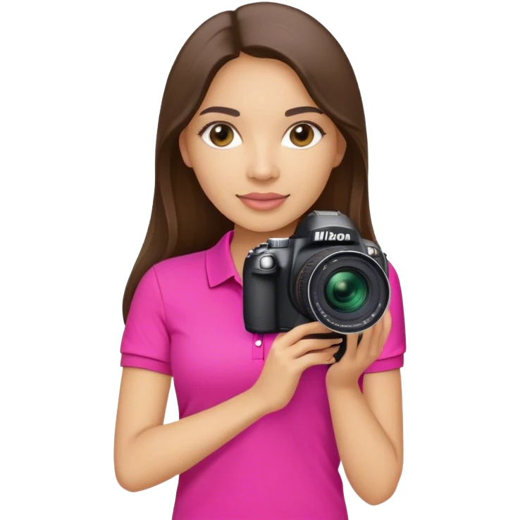 white latin woman with long brunette hair hot pink polo shirt and nikon camera emoji