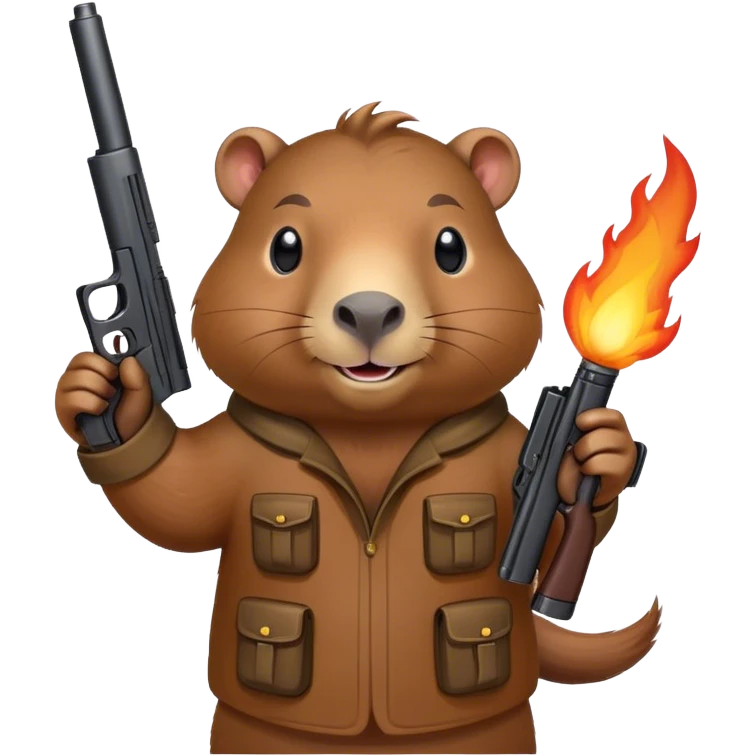  smiiling capibara  with fire guns in hands  emoji