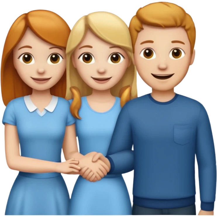 3 emojis holding hands, ginger white girl on the left, brunette white man in the middle, blonde white girl on the right emoji