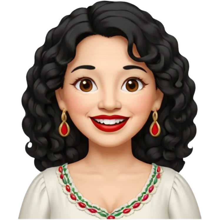 60 yr old Mexican woman, slightly chubby, wavy/curly long black hair, red lipstick, big smile, white teeth, brown eyes, hoop earings, side part to hair, round face, pretty white dress, hair side swept, big hoop earing emoji