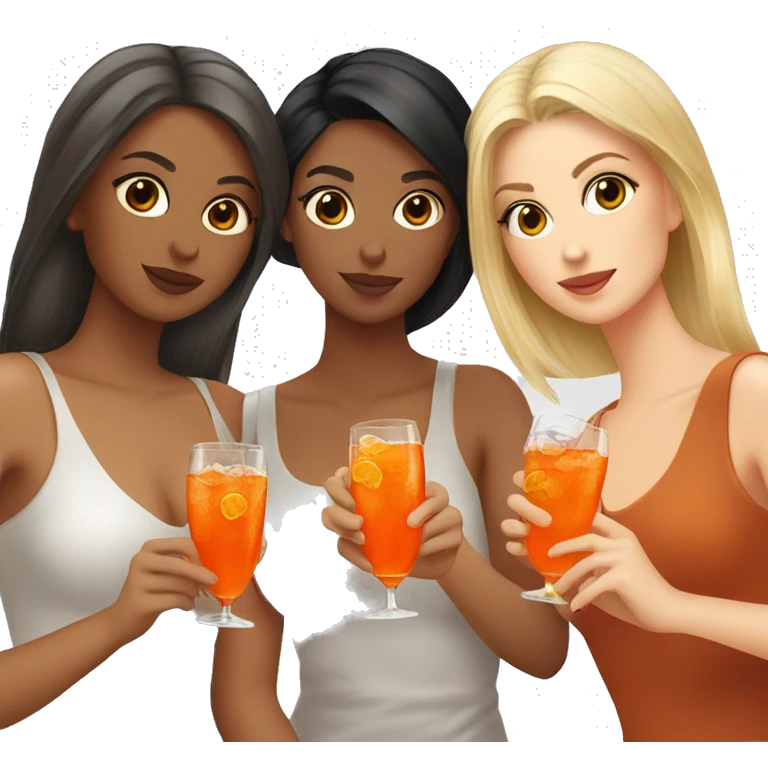 Three beautiful girls (brown, blond and black Hair) drinking aperol   emoji