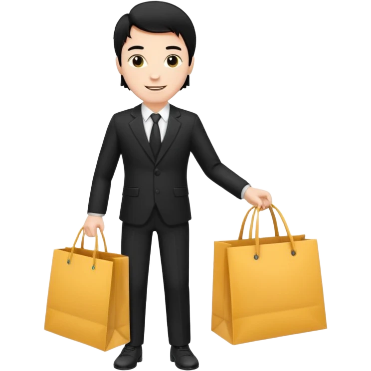 a white man black hair in a black suit with clothing shopping bag emoji