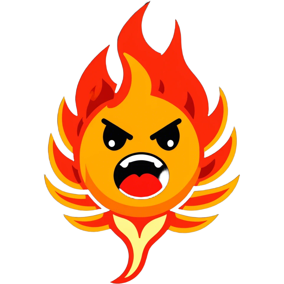 "A highly expressive emoji-style face with wide, bloodshot eyes and an open mouth, breathing a large burst of fire. The emoji has an exaggerated, cartoonish look with bright yellow and orange tones. The fire is detailed with red, orange, and yellow flames, creating a dramatic effect. emoji
