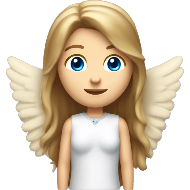 Caucasian brunette angel with long straight hair, dimples, big blue eyes, golden hoop halo over head and wings on back emoji