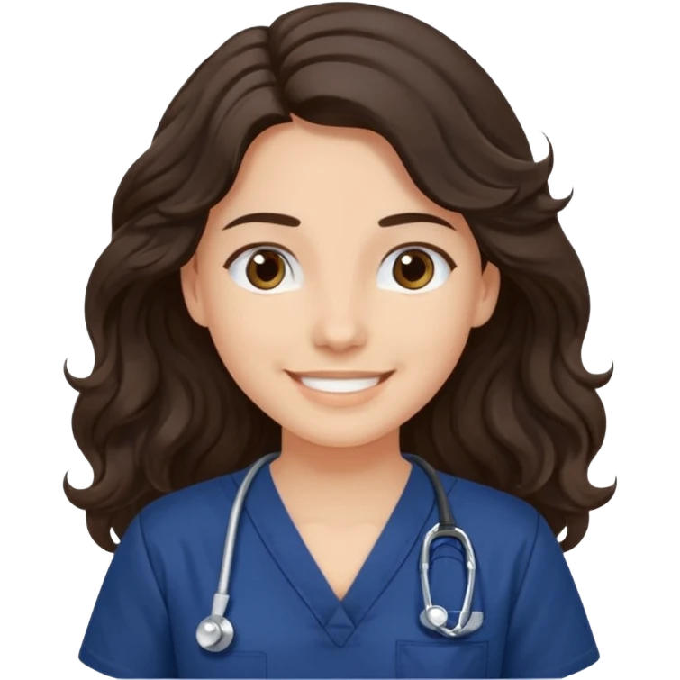 Long wavy dark brown hair with a navy blue scrub top with a gentlesmiling emoji