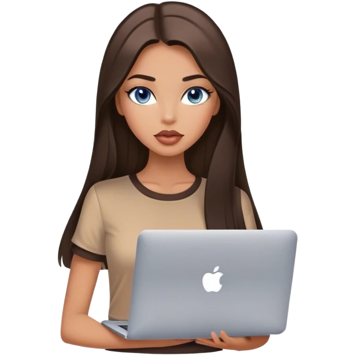 Glamours tanned very beautiful girl with big pump peach lips and dark chocolate straight smooth long hair, blue-grey eyes in brown/beige short sleeves clothing with MacBook emoji