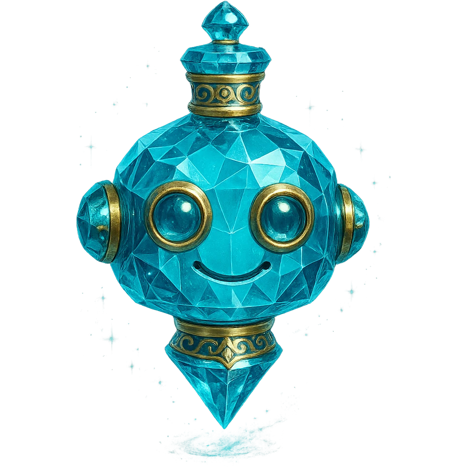 premium class crystal elixir bottle in the shape of a friendly robot head, cyan color, lots of shining, facets, ornaments, golden details, magical effects, very small golden collar, transparent background, beautiful merging base, clearly floating in the air, no base or shadow, very luxurious, playful, matching the collection emoji