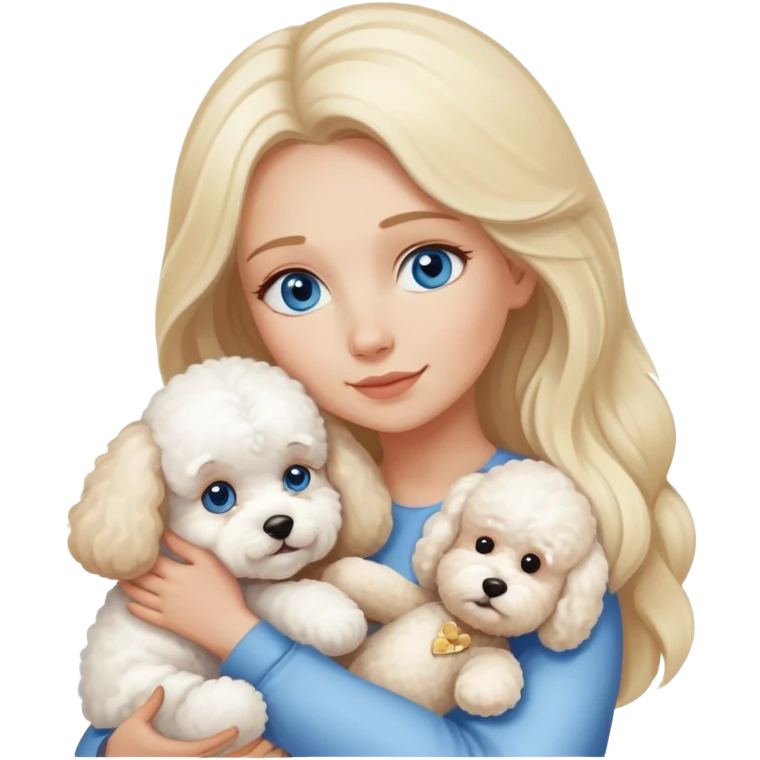 Blonde blue-eyed long-haired mother hugs two dogs-a Bichon Frise and a Teddy emoji