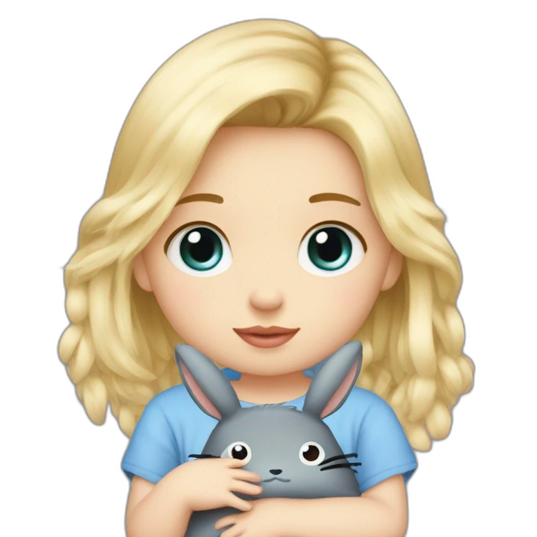 bébé fille blonde décoiffée aux yeux bleus avec une peluche Totoro  emoji