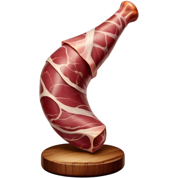 ​Cinematic Realistic Spanish Jamón Leg, depicted as a massive, cured leg of Jamón serrano (ham) with a deep reddish-brown hue, intricately marbled and slightly glossy with age, elegantly displayed on a rustic wooden stand and bathed in warm, soft lighting that accentuates its artisanal heritage, emoji