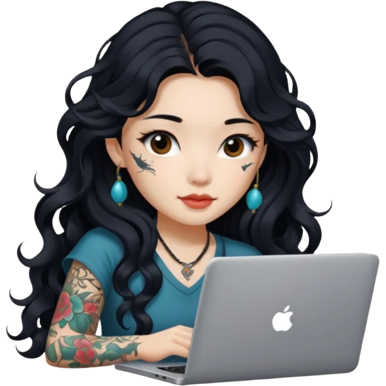Beautiful girl with tattoos, with long black hair, wavy hair, Chinese with a laptop   emoji