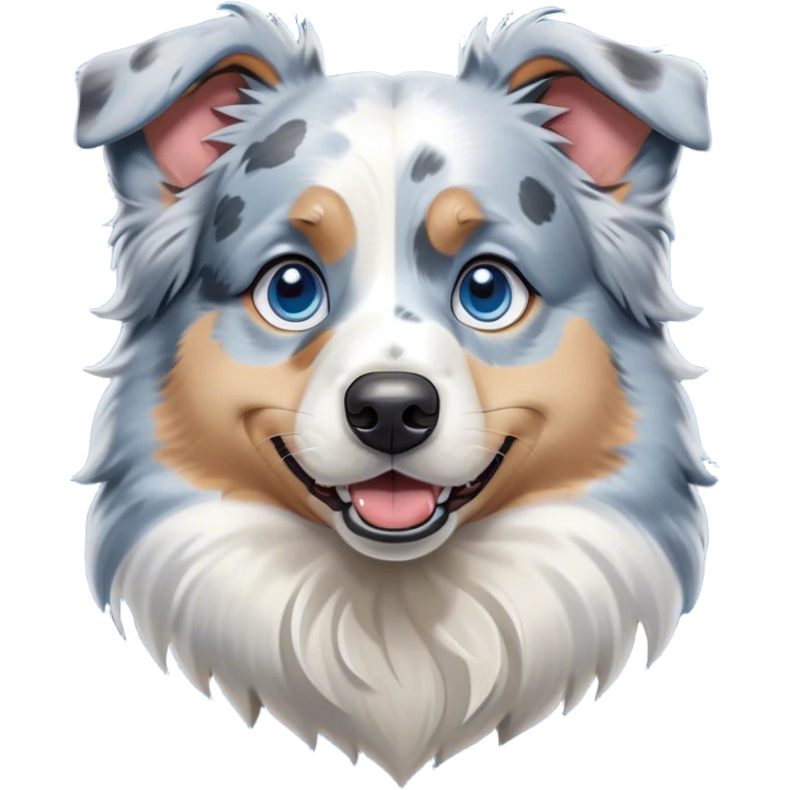 Cinematic Comical Blue Merle and White Australian Shepherd Portrait Emoji, Head tilted dramatically with an exaggeratedly shocked or offended expression, short blue merle fur with striking white patches, wide, expressive blue eyes filled with exaggerated disbelief, Simplified yet hilariously expressive features, highly detailed, glowing with a slightly sassy glow, high shine, dramatic yet playful, stylized with an air of attitude, bright and endearing, soft glowing outline, capturing the essence of a sassy and over-the-top pup, so meme-worthy it feels like it could side-eye its way into internet fame instantly! emoji