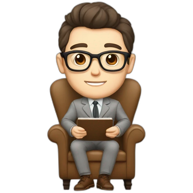Pale skinned Fit Man With dark brown hair in gray jacket, beige office shirt, Brown pants and vintage glasses sitting In a soft chair with a notebook on spring with emblem Ψ and a pen emoji