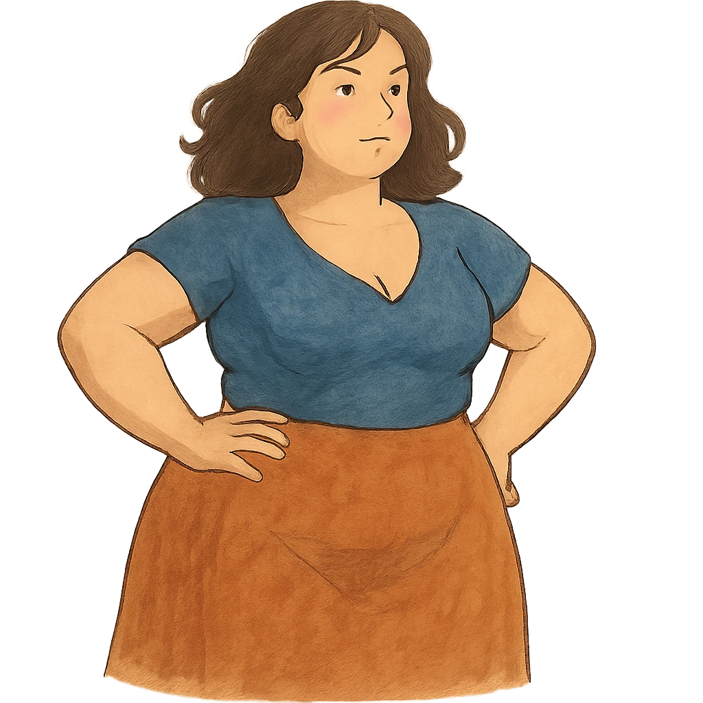 ghibli style soft and artistic illustration of a confident woman with a curvy figure emoji