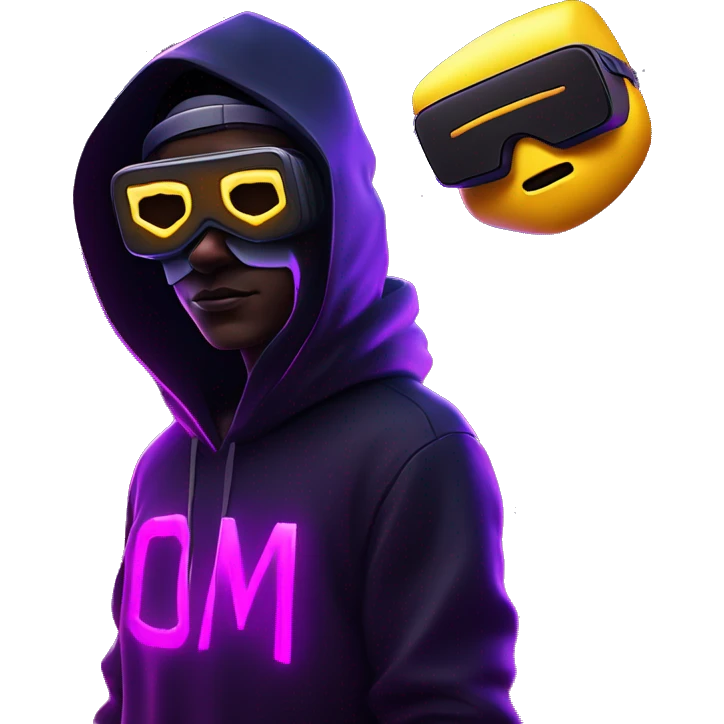 Ilon Mask wearing a black hoodie with "OMG" letters on it and VR headset oculus quest 2 in a cyberpunk VR environment with violet neon lighting. emoji