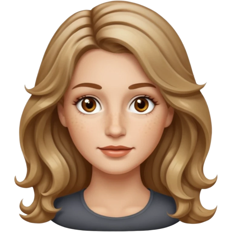 long dark Blond with highlights wavy hair white women, oval shape face hazel eyes long lashes little bit of freckles on the nose high cheek bones emoji