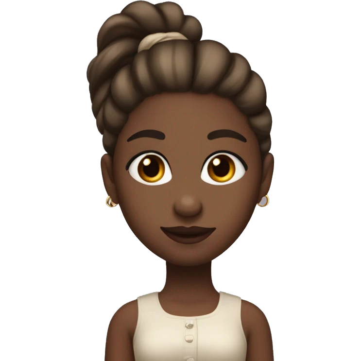 Dark-skinned girl with beautiful plump red lips, big brown eyes with long lush lashes, with a small nose. Her hair is tied in a pony tail, dark blonde emoji