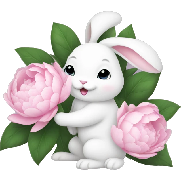 cute white bunny holding light pink peonies emoji