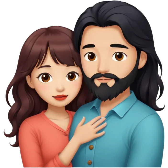handsome asian man with long black hair and beard, hugging cute tan skin woman with long wavy reddish brown hair with bangs and coral lipstick emoji
