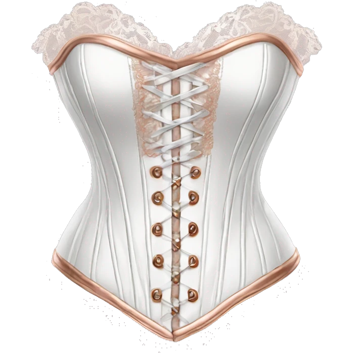 Realistic victorian white leather corset top clothing with rose gold lace isolated.  emoji