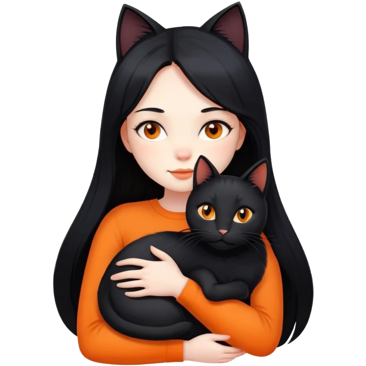 A girl with long black hair hugs a black cat, an orange cat, and a black cat emoji