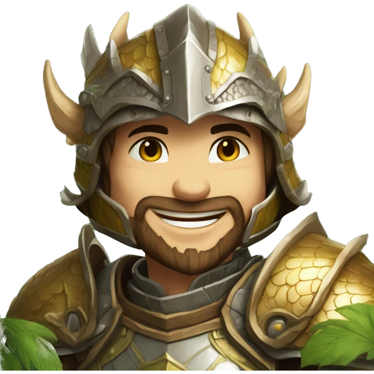 fantasy warrior, dragon-themed armor, intricate scales, dragon scale helmet, confident smile, medieval background, wooden structures, greenery emoji