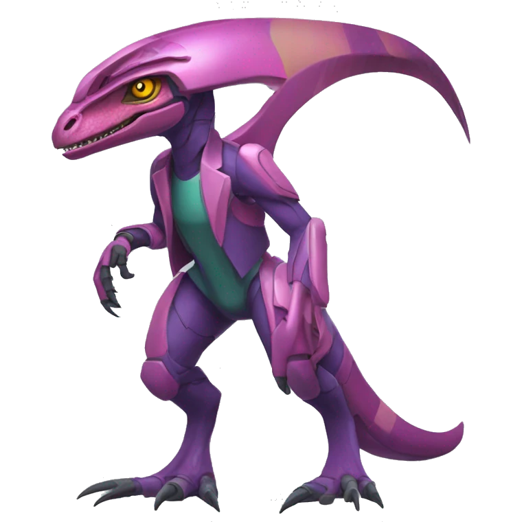 Colorful Edgy Velociraptor-Genesect-Fakémon-Pokémon wearing a with a futuristic cyber-helmet And suit Full Body emoji