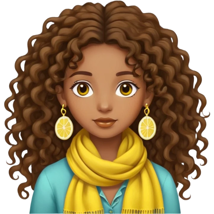 bohemian style girl, brown skin, long brown curly hair tied high, lemon yellow scarf, round earrings emoji