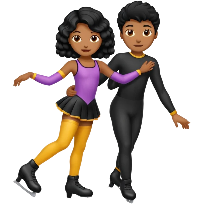 una patinadora con pelo negro largo y ondulado en las puntas con un mallot de color patinando en pareja emoji
