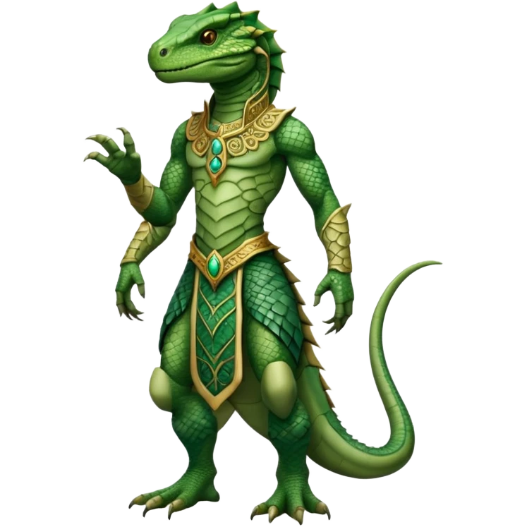 full body reptilian humanoid in ancient outfit, front view, ornate details emoji