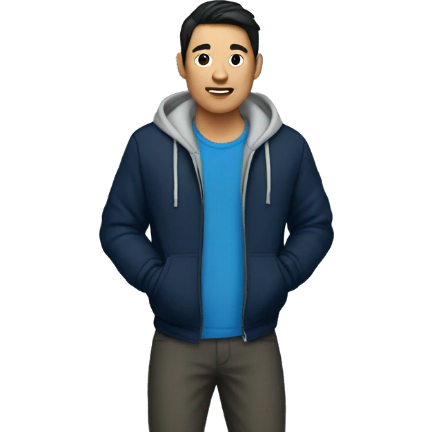 asian man wearing blue plaid pants and a black jacket over a navy blue hoodie emoji