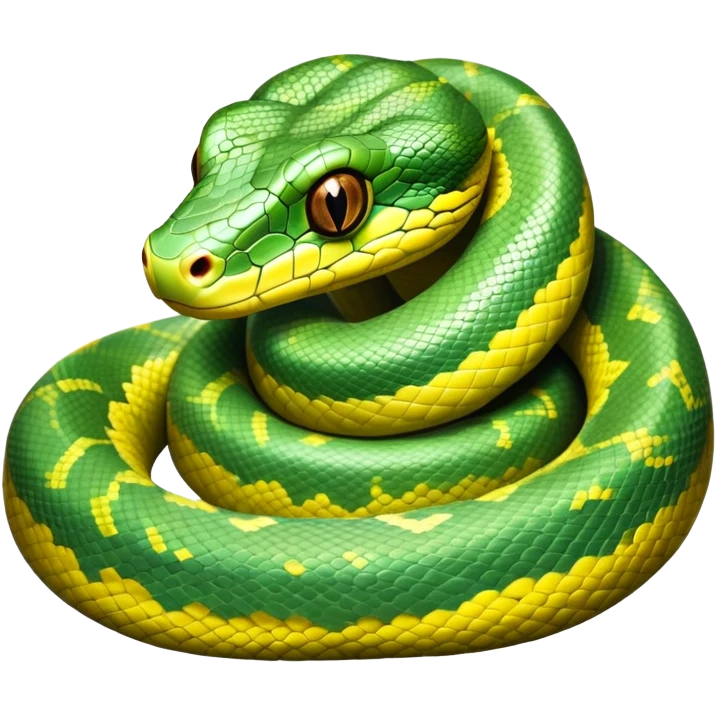 cinematic-green tree python-realistic-full-body-coiled-emoji,-thick-scaled-body-looped-tightly,-intricate-brown-and-gold-patterned-scales-reflecting-light,-head-tilted-dramatically,-slitted-eyes-staring-calmly,-simplified-yet-realistic-focused-feature emoji