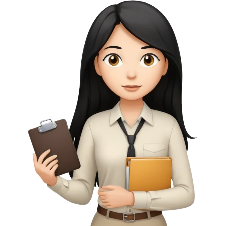 a light tan woman with long black hair past mid-back, round brown eyes, with folders in her hands. she has a id lanyard on and white professional blouse. emoji