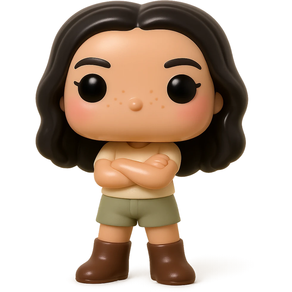 Funko Pop style vinyl figure, enhanced version: superior quality, smooth tanned skin, detailed dark hair, textured clothing with cream top and greige bottoms, dark greige leather boots clearly visible, arms crossed, rosy cheeks, very discreet freckles, mischievous and cheerful expression, no mouth, transparent background. emoji