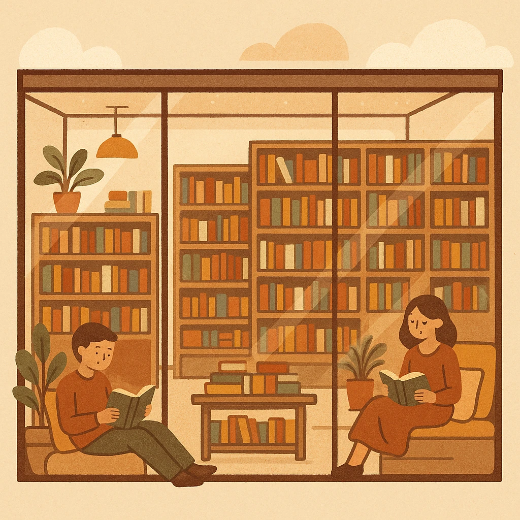 modern bookstore with glass facade, open shelving, cozy reading nooks, natural light, stylish decor emoji