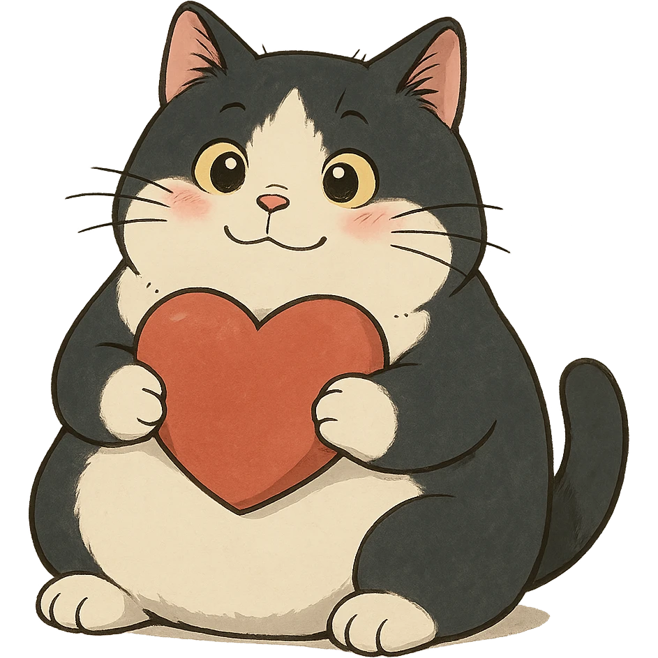 süße, übergewichtige schwarz-weiße Katze im Anime-Stil, hält ein Herz emoji