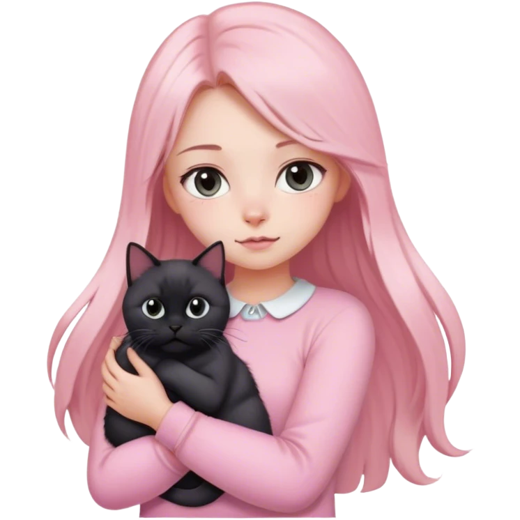 
girl with light long hair, grey eyes and fair skin in pink pastel clothes holds a black British cat in her arms emoji