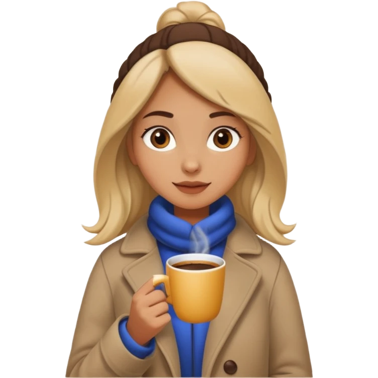 فتاة حنطية اللون ترتدي معطف وبيدها كوب قهوة ومسترخية emoji