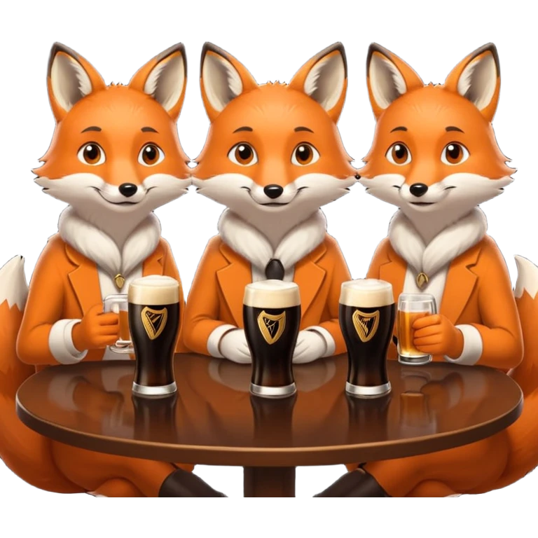 Three foxes sitting at a round table drinking Guinness emoji