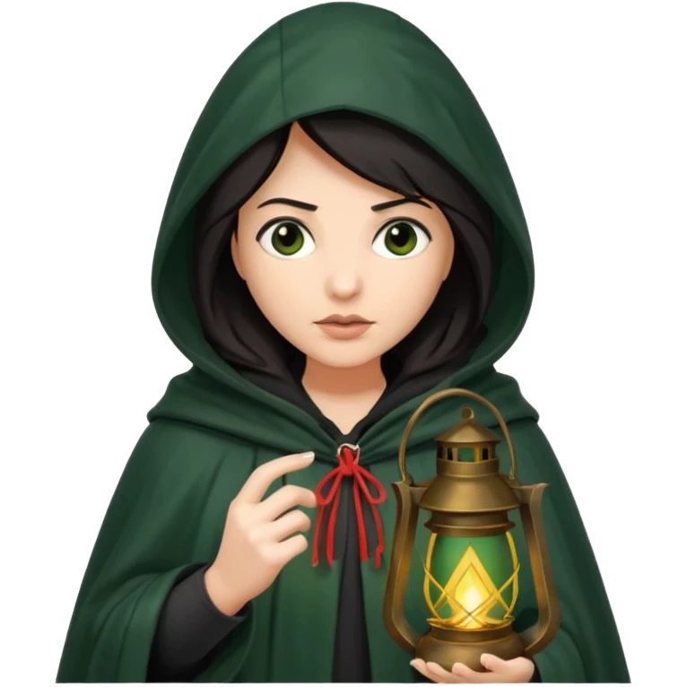 traitor tv show, dark haired woman wearing dark green cloak with hood up who looks very evil, is holding up a lantern, and looking down emoji