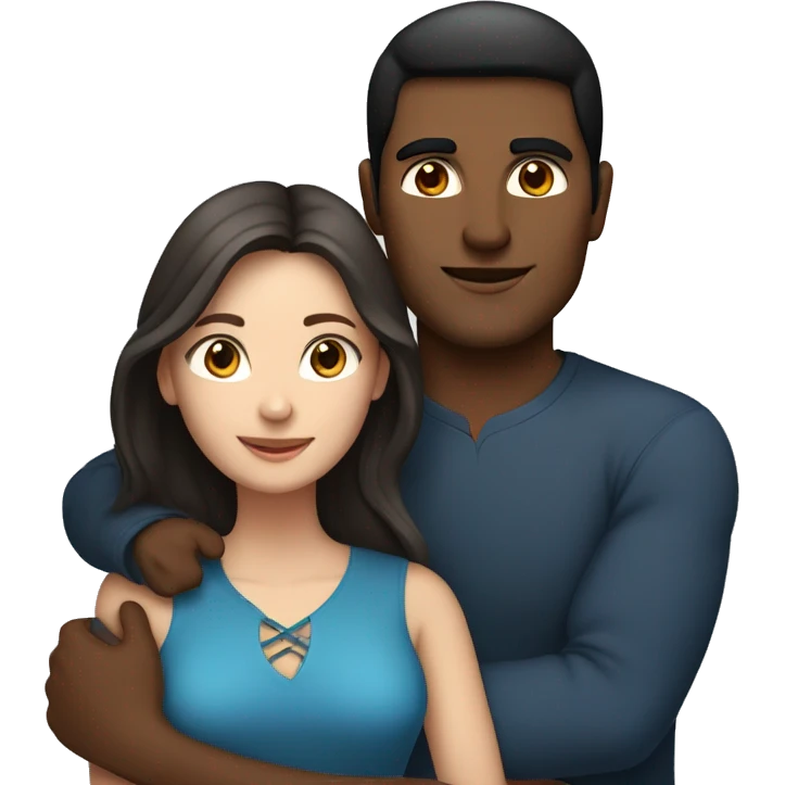 Couple embracing with arms around each other; white woman with blue eyes and brown hair, Indian man with black hair  emoji