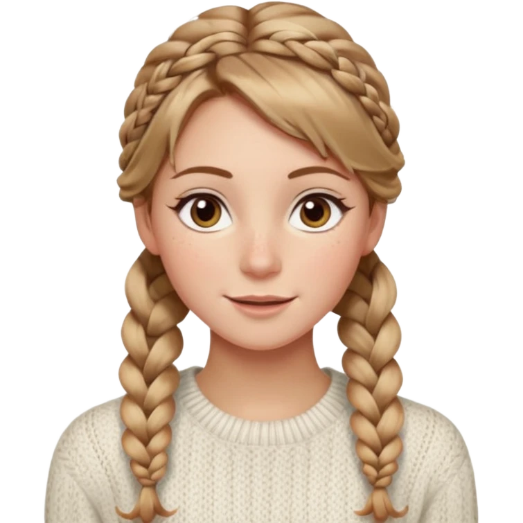 light brown hair blonde hair hazel eyes woman with a white cable knit sweater thatand one braid down her back  with tendrils of hair flowing down her face and she is happy pale, some freckles, blush. she has a cateye wing and long lashes emoji
