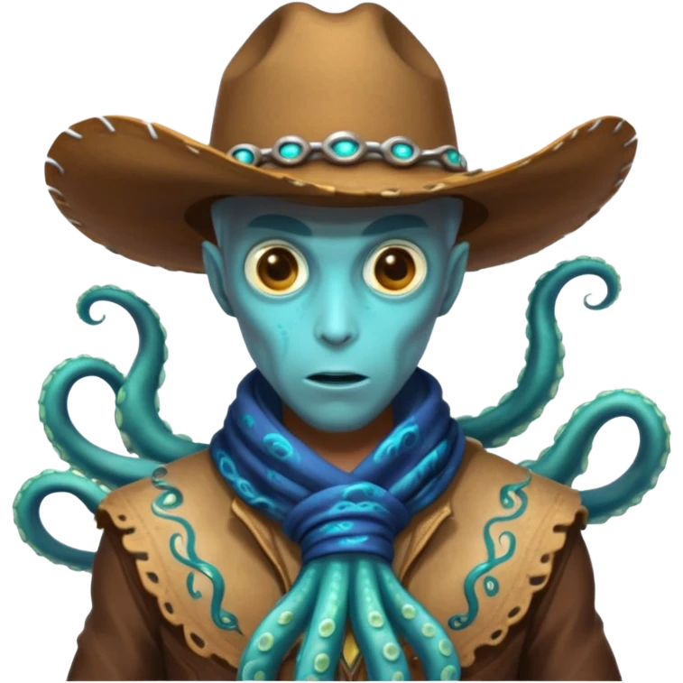 Close-up portrait of a tentacled alien cowboy, subtle glowing bioluminescent skin, tentacles partially hidden under a cowboy scarf, mysterious expression, dramatic shadow lighting, high detail, sci-fi western fusion
 emoji