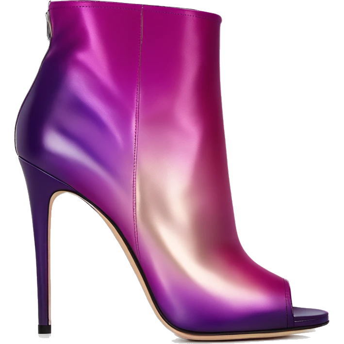 Real isolated top view of a pair of metallic magenta to dark purple ombre Jimmy Choo stiletto peep toe ankle bootie boots.  emoji