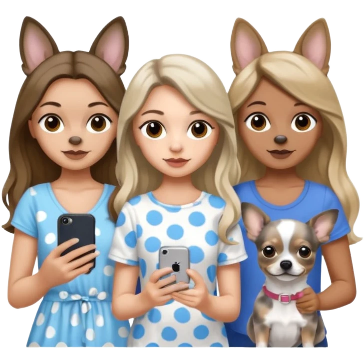 Three pretty women in cute summer clothes holding iPhone, hazel eyed light skin with dark blonde long hair and light skin hazel eyed long wavy dark hair, blue eyed light skin long blonde hair walking 2 dogs,blue and gray spotted Merle Frenchie, black and tan chihuahua  emoji