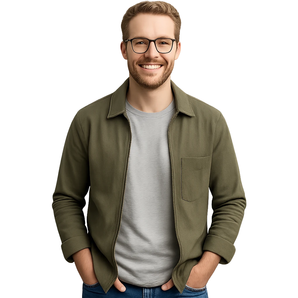 a German man in modern casual style smiling emoji