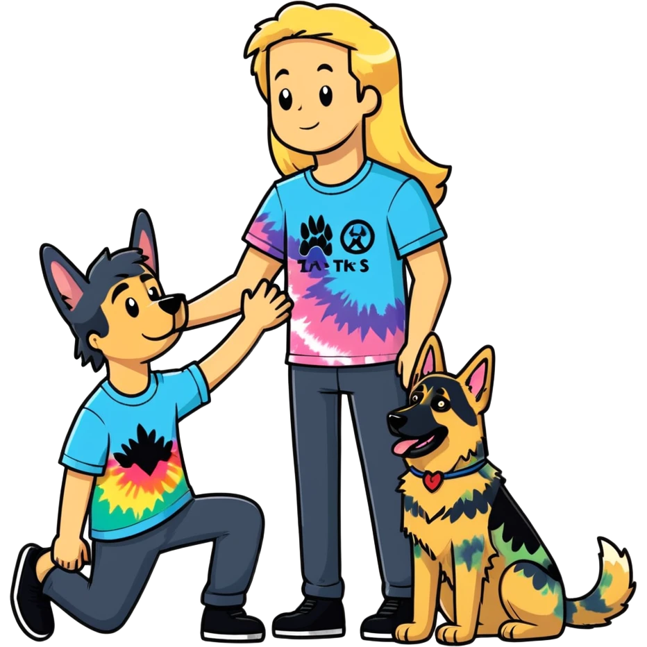 man with long blonde hair wearing tie dye shirt playing with German shepherd emoji