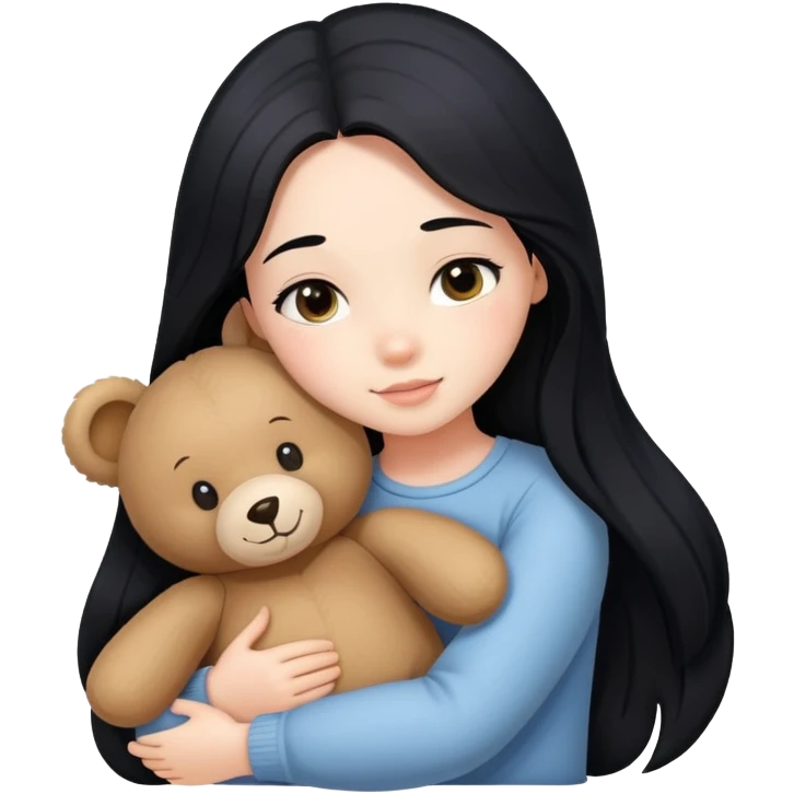 a girl with long black hair hugs teddy bear emoji